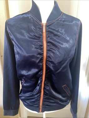 True Religion Navy Bomber Jacket with Orange Zipper